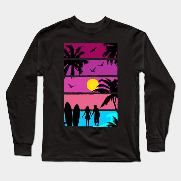 Retro Synthwave Inspired Beach Silhouette Long Sleeve T-Shirt by Brobocop